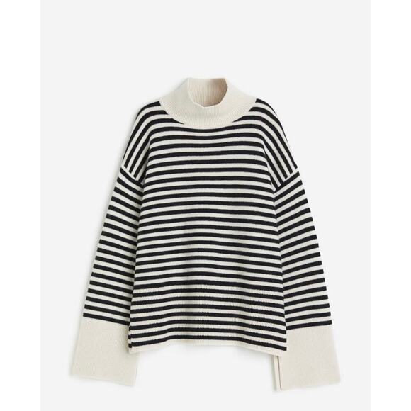 Women’s Wool Oversized Mock-Turtleneck Sweater Minimalist Black crean Striped M - Picture 4 of 10